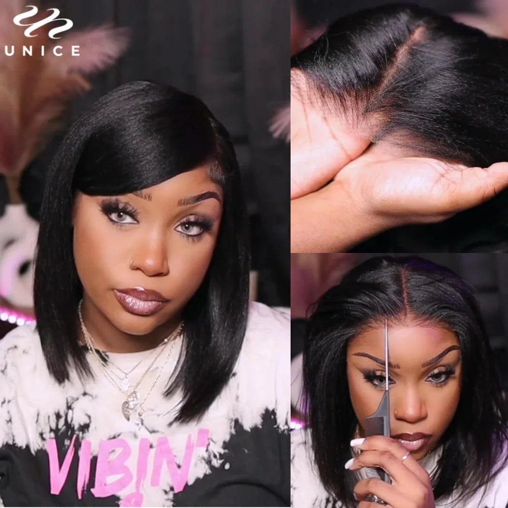 UNice Hair Pre Everything 13x4 Frontal Wig Human Hair Yaki Straight Bob Wig Pre Bleached Pre Cut Short Bob Lace Front Wigs