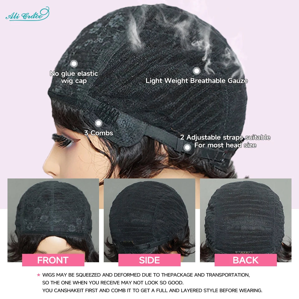 Short Bob Pixie Cut Wigs For Black Women Straight Human Hair Machine Made Wigs With Bangs Brazilian Remy Hair Wig Ready To Go