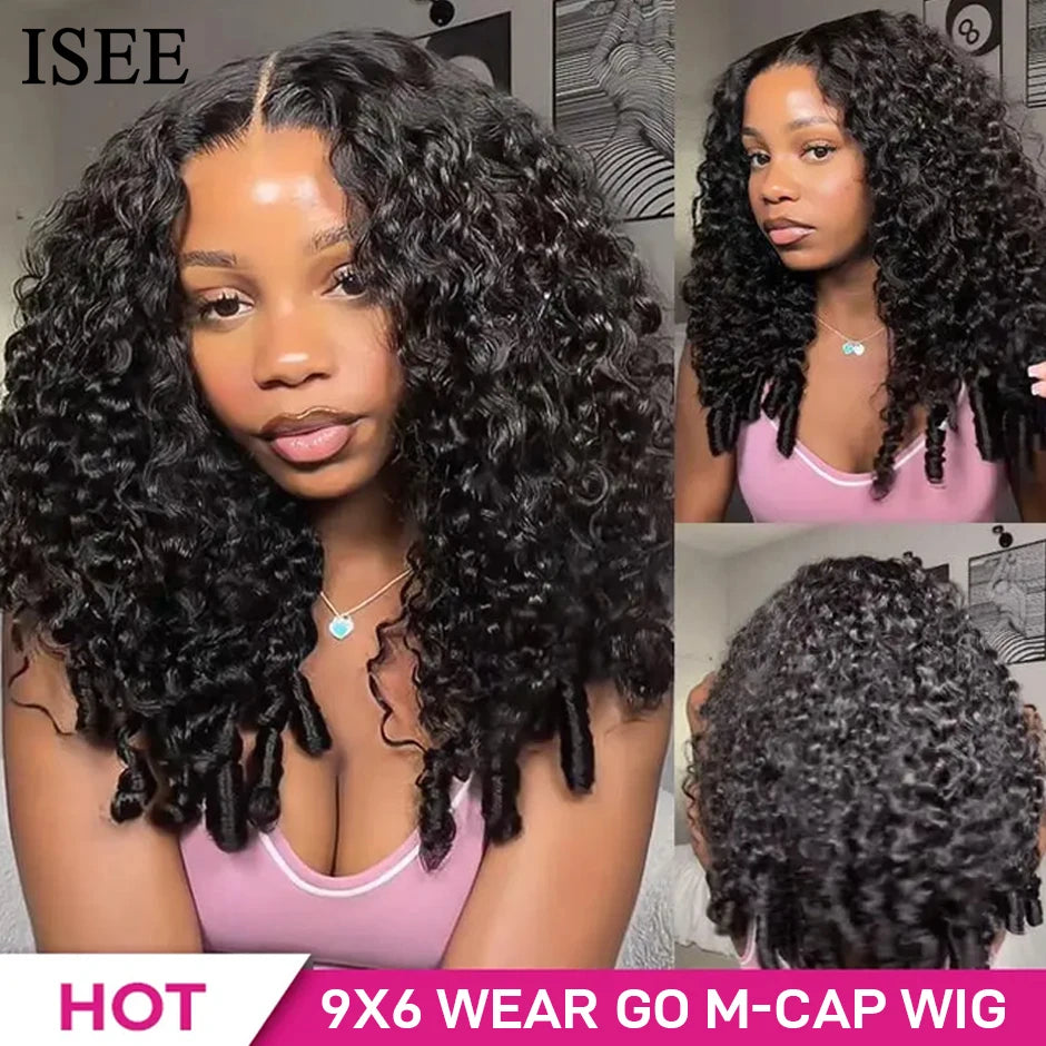 ISEE Hair 9X6  Burmese Curly Glueless Wigs Natural Black Pre Bleached Human Hair  Wig M-Cap Wear Can Go Wig Pre Cut Lace