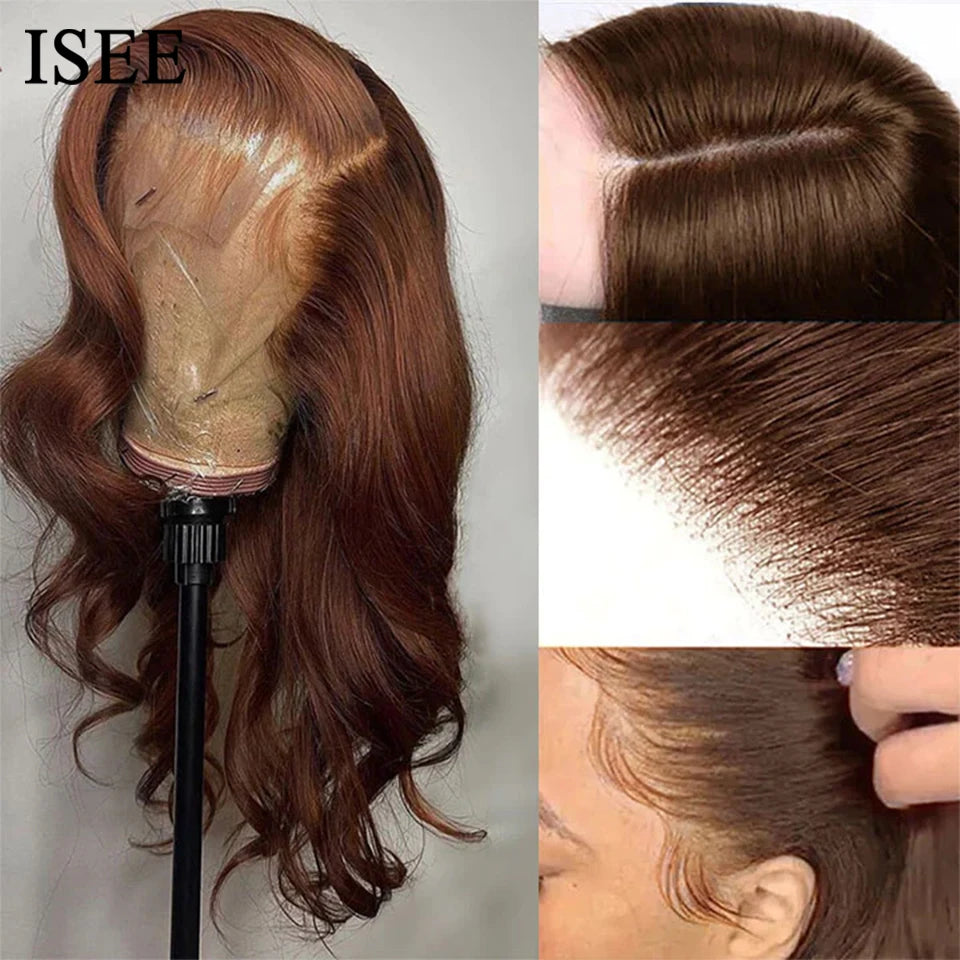 ISEE Hair Wig Chocolate Brown Peruvian Body Wave Lace Front Wig Colored Wig Human Hair 4x4 Closure Wig For Women 30 Inch