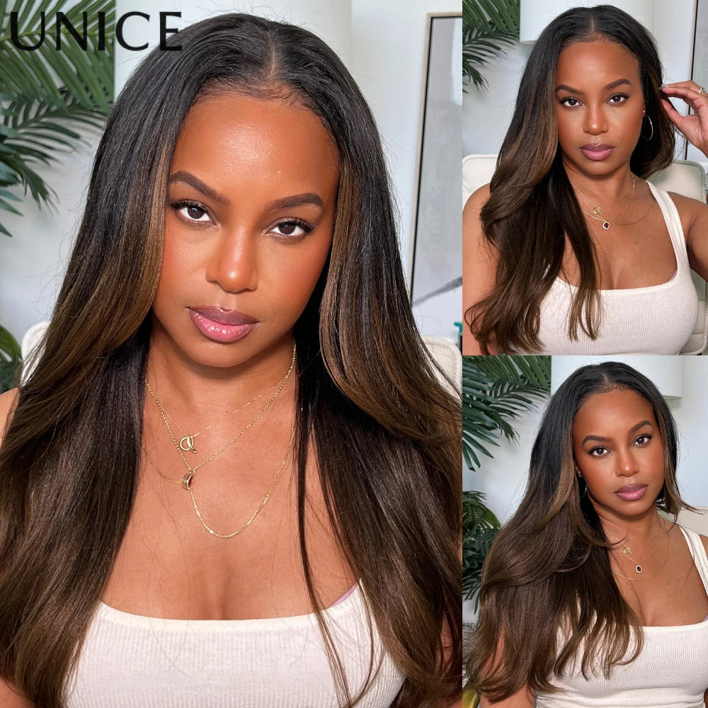 UNice Hair Drawstring Yaki Straight Wig Chestnut Brown Ombre 7x5 Lace Front Human Hair Wigs Pre Cut Pre Bleached Glueless Wig