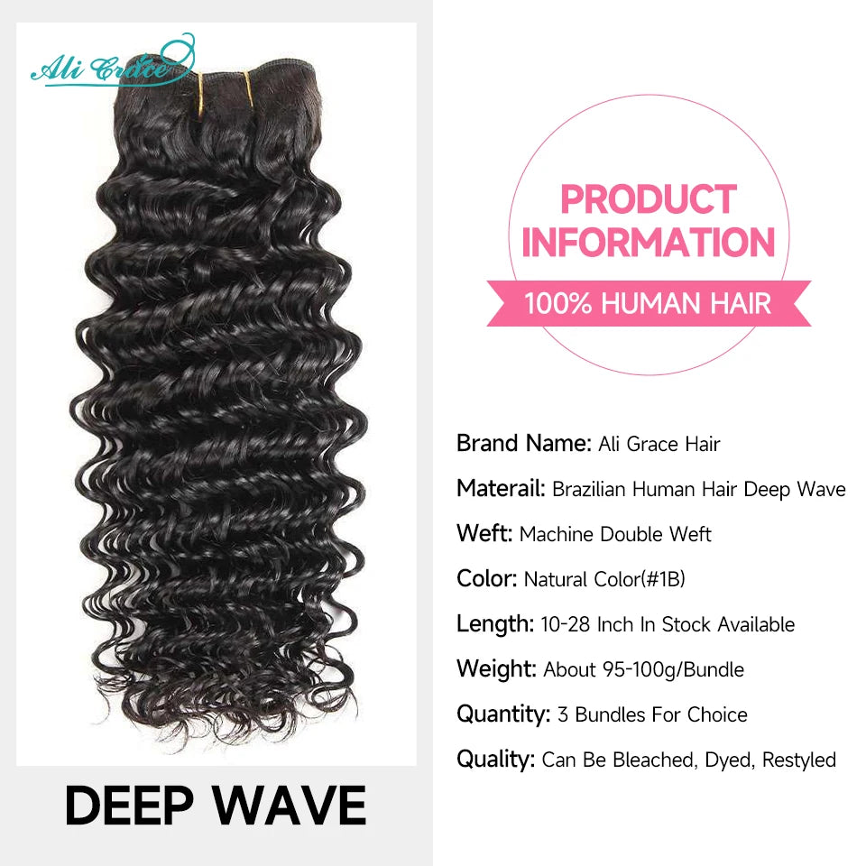 Ali Grace Hair Brazilian Deep Wave 3 Bundles 100% Brazilian Remy Hair 10-28 Inch Deep Curly Brazilian Human Hair For Black Women