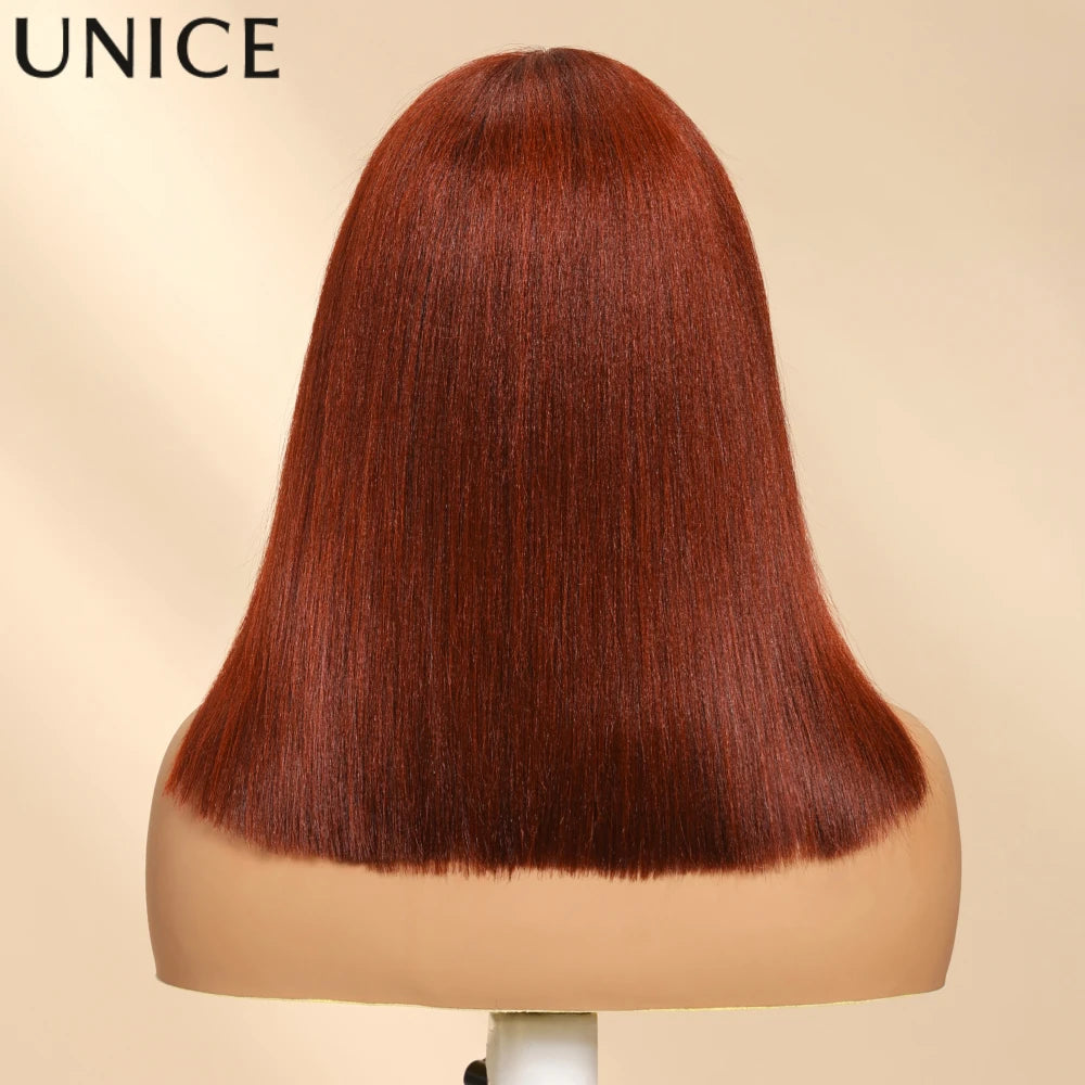 UNICE Hair Reddish Brown 7x5 Yaki Straight Bob Wig Human Hair Pre Cut Pre Bleached Glueless Wig 150% Density