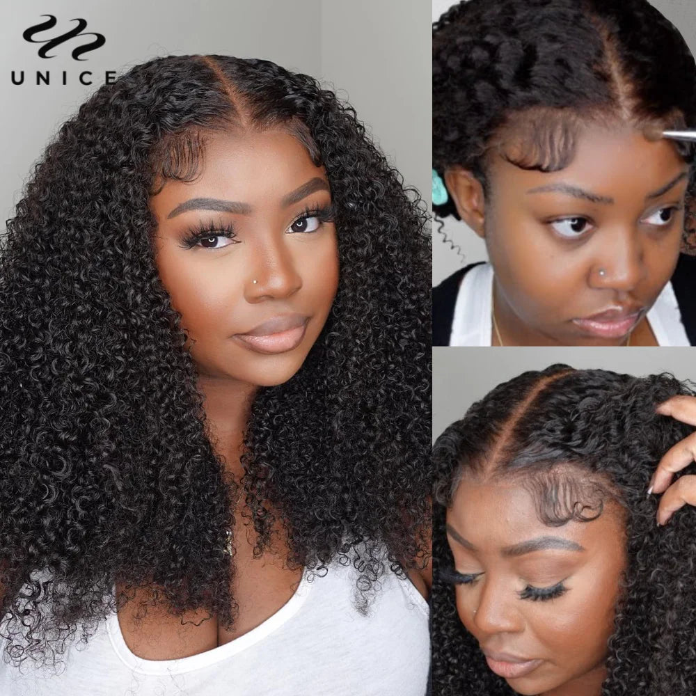Unice Hair Realistic Edges Kinky Curly Wig Pre Cut Pre Bleached 7x5 Lace Closure Glueless Wig Human Hair Ready To Wear