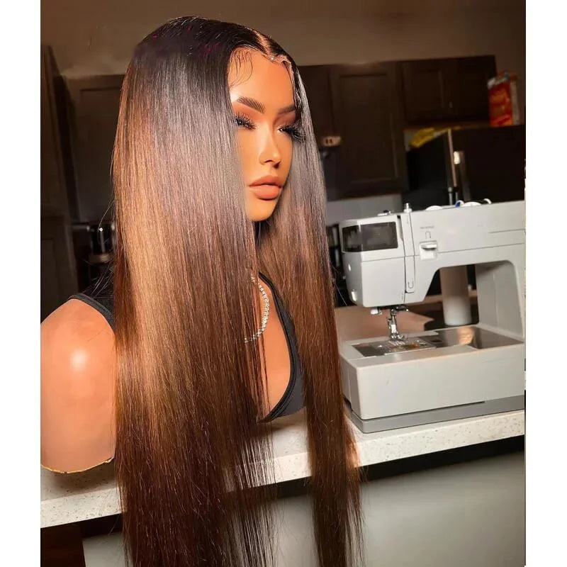 Premium Ombre Brown Lace Front Wig 26 Inch - Glueless Pre-Plucked Straight Human Hair Wig with Baby Hair