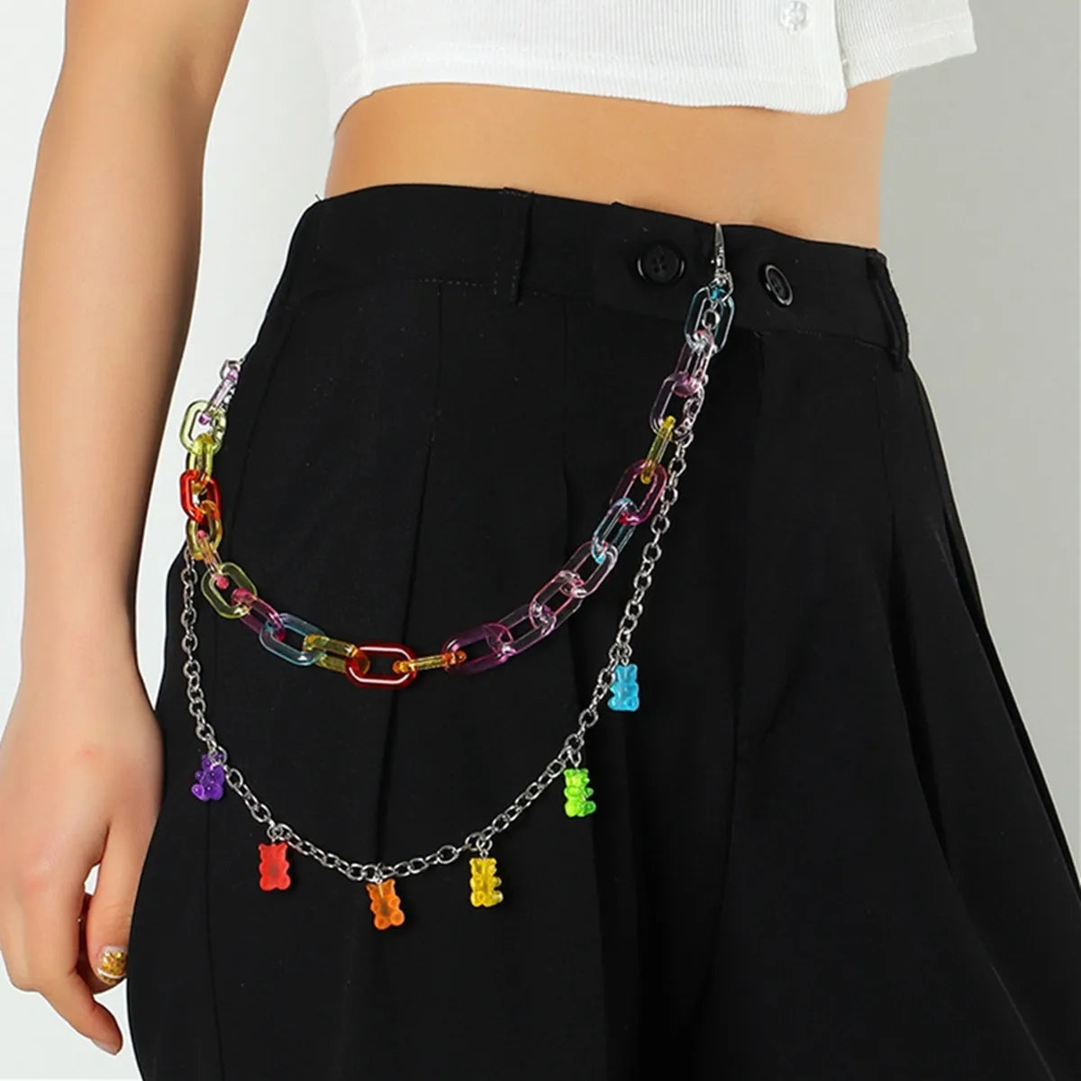 Doulbe Layered Pink Color Strawberry Resin Chain Keychains Women Girls Hip Hop Waist Chain Pants Trousers Chain Bohemian Jewelry