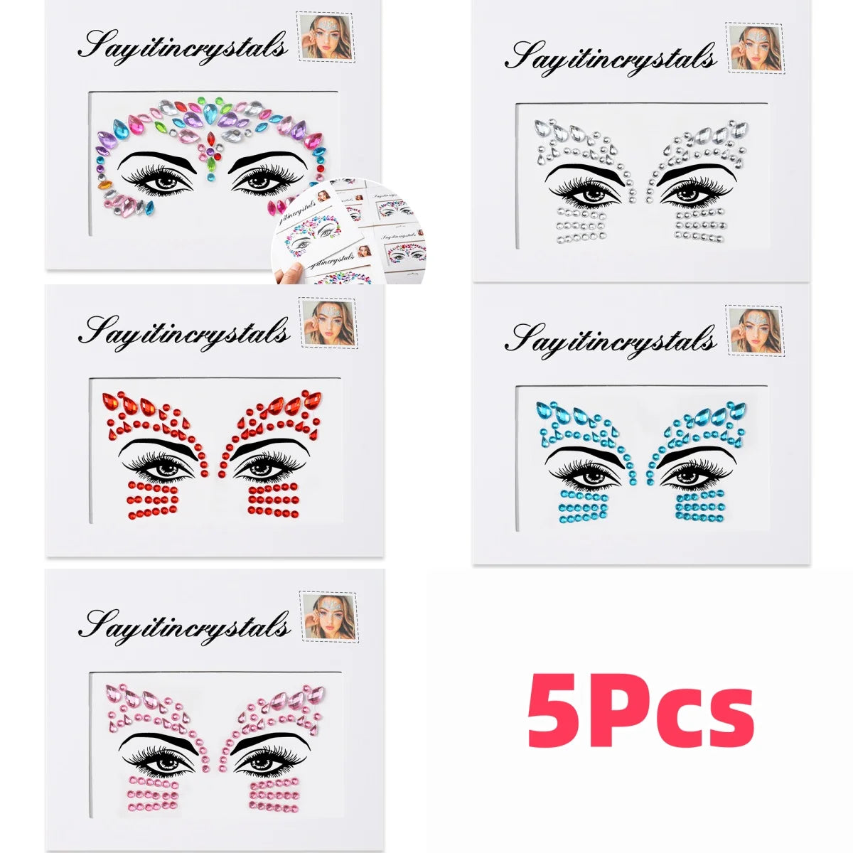 5Pcs 3D Random Face Diamond Tattoos Stickers Colorful Glitter Crystal Gem Sticker for Party Makeup Body Jewel Tattoo Decorations
