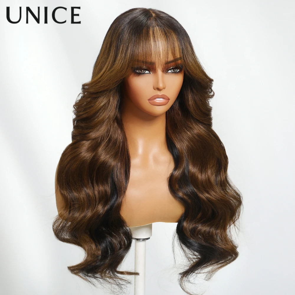 UNICE Hair Brown Money Piece Fluffy Loose Wave Curtain Bangs Wig 13x4 Pre Cut Pre Bleached Glueless Wig Human Hair 150% Density