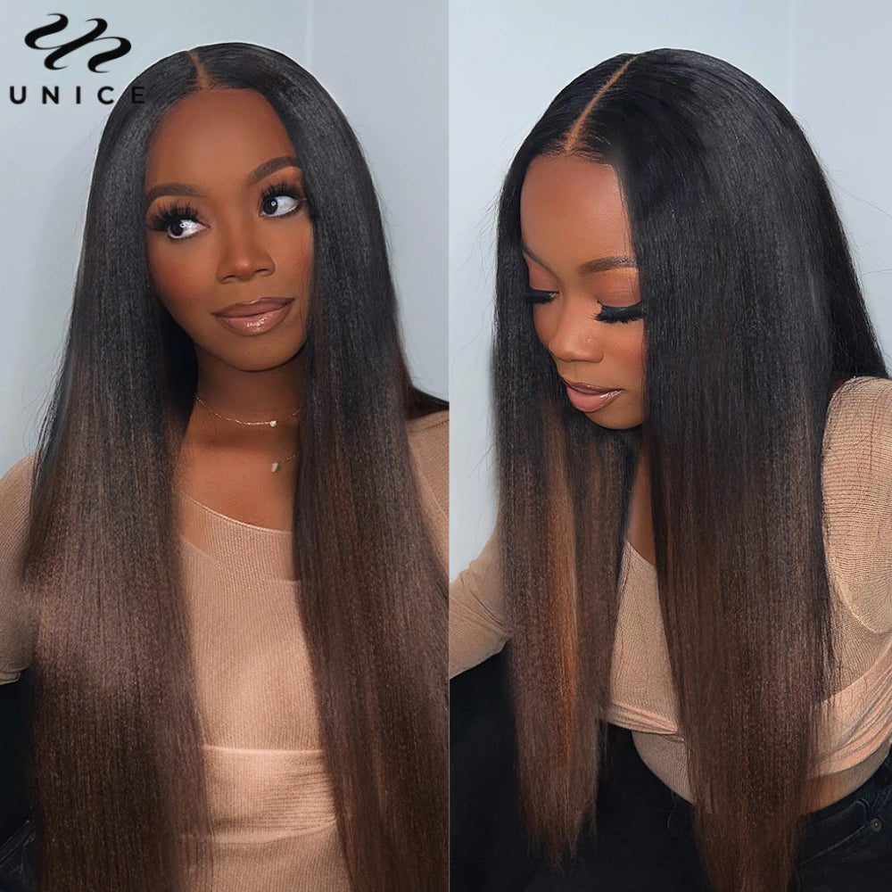 UNice Hair Chestnut Brown Yaki Straight V Part Wig 100% Human Hair Upgrade U Part Wig No Sew In Clip In Half Wig Real Scalp Wig