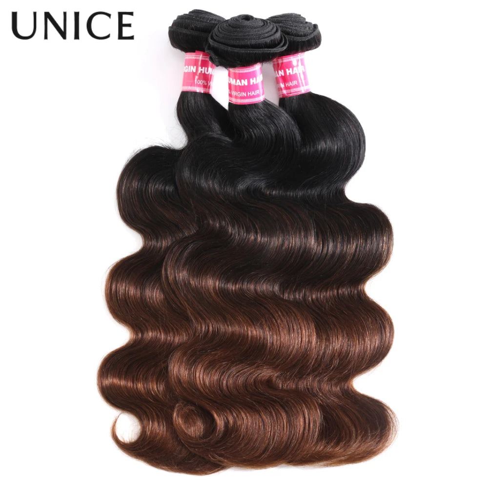 UNICE Hair Chestnut Brown Body Wave Human Hair Bundles With Closure 2/3/4 PCS Hair Bundles With 4x4 Lace Closure
