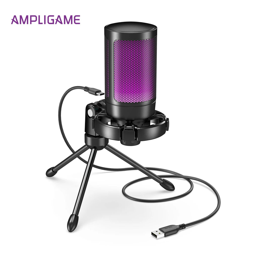 AmpliGame by FIFINE RGB USB Gaming Microphone with Light-touch Mute,Condenser Mic with Tripod for PC,PS4/5,Laptop Streaming-A2