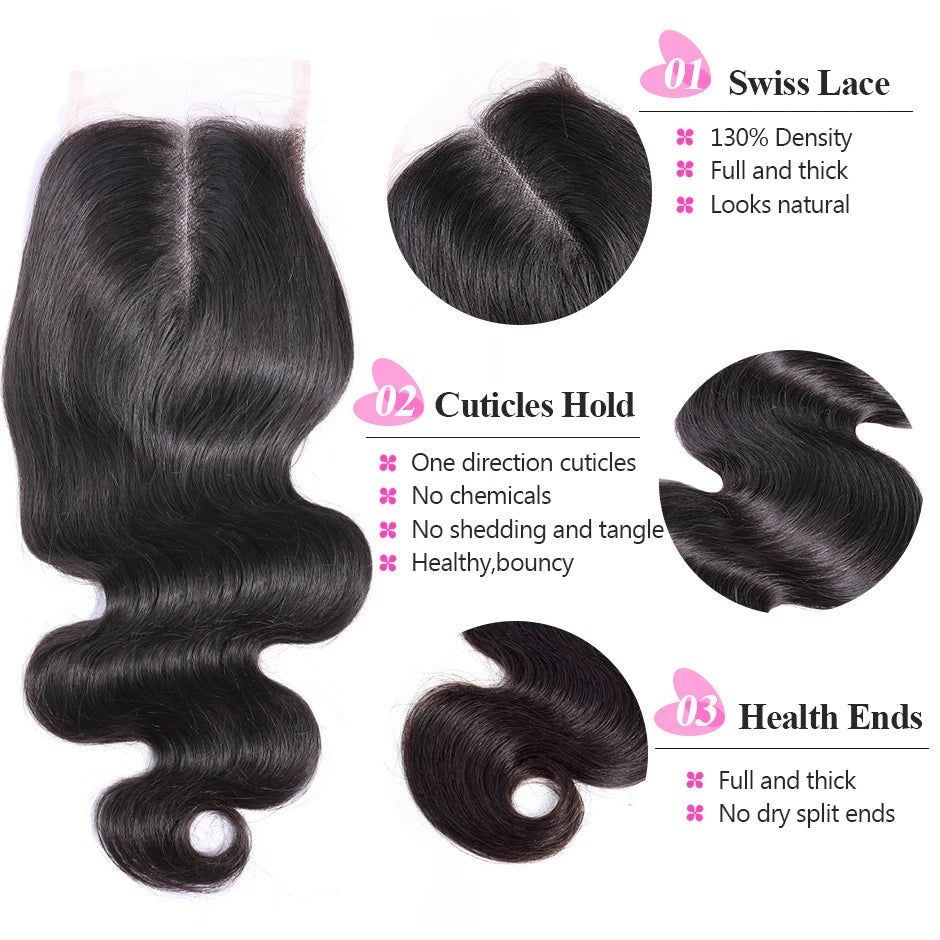 ISEE HAIR Brazilian Body Wave Closure Free Part Hand Tied 100% Remy Human Hair 4*4 Lace Closure Nature Color