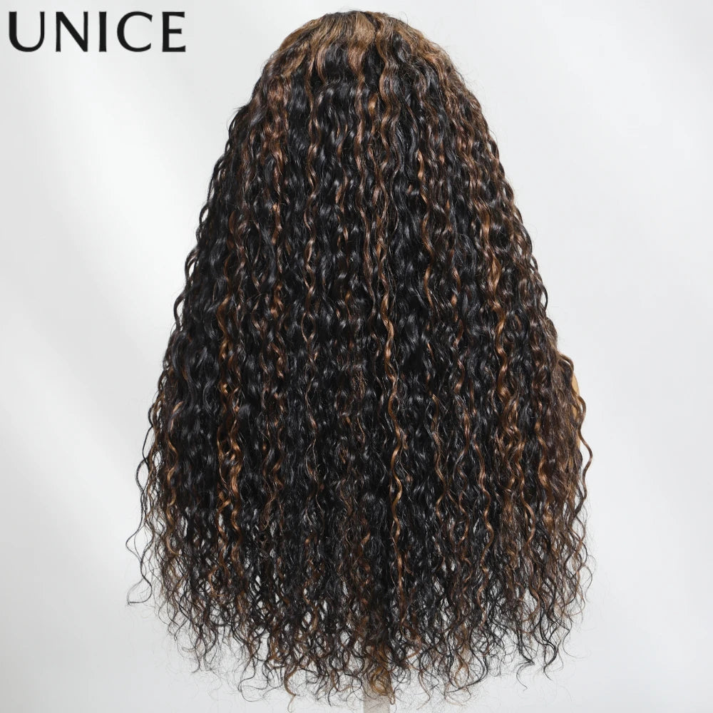 Unice Hair Water Wave Wig With Golden Brown Highlights 7x5 Pre Cut Pre Bleached Glueless Human Hair Lace Front Wig 150% Density