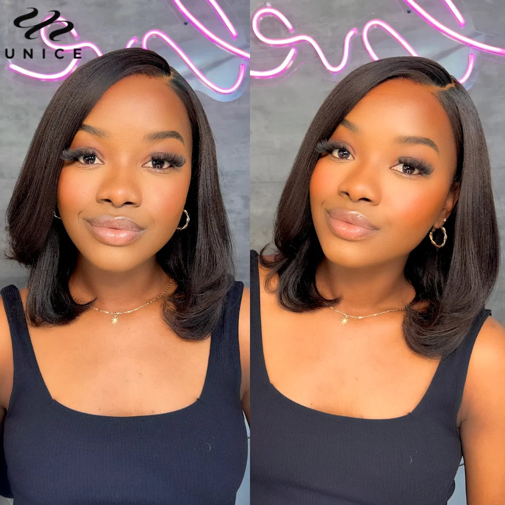 UNice Hair Pre Everything 13x4 Frontal Wig Human Hair Yaki Straight Bob Wig Pre Bleached Pre Cut Short Bob Lace Front Wigs