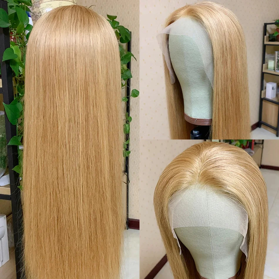 13x6 27# Honey Blonde Colored Human Hair Frontal Wigs Straight 180% 13x6 HD Transparent Lace Front Human Hair Wigs For Women