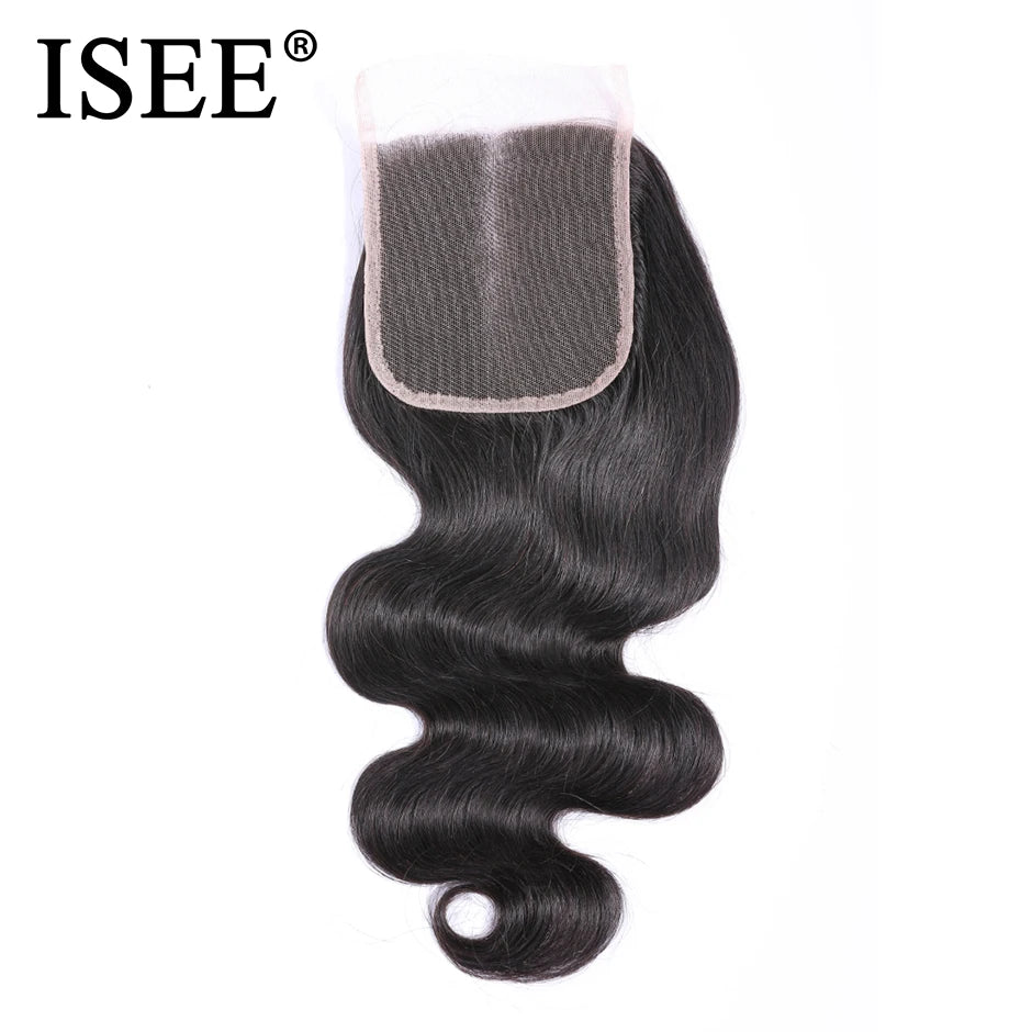 ISEE HAIR Brazilian Body Wave Closure Free Part Hand Tied 100% Remy Human Hair 4*4 Lace Closure Nature Color