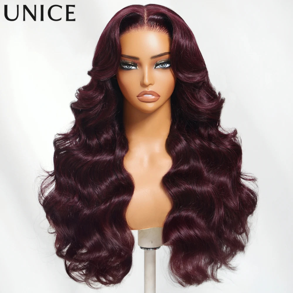 UNICE Black Cherry Loose Wave Curtain Bangs Wig With Invisi Drawstring 7x5 13x4 Pre Cut Pre Bleached Glueless Wig Human Hair
