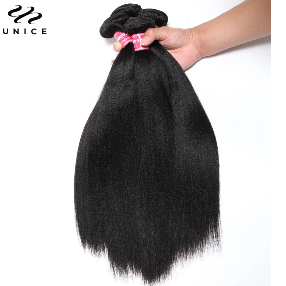 UNICE Hair Yaki Straight Human Hair Bundles With Closure Deal 2/3/4 PCS Bundles Hair And 1PC Free Part 4x4 Inch Lace Closure