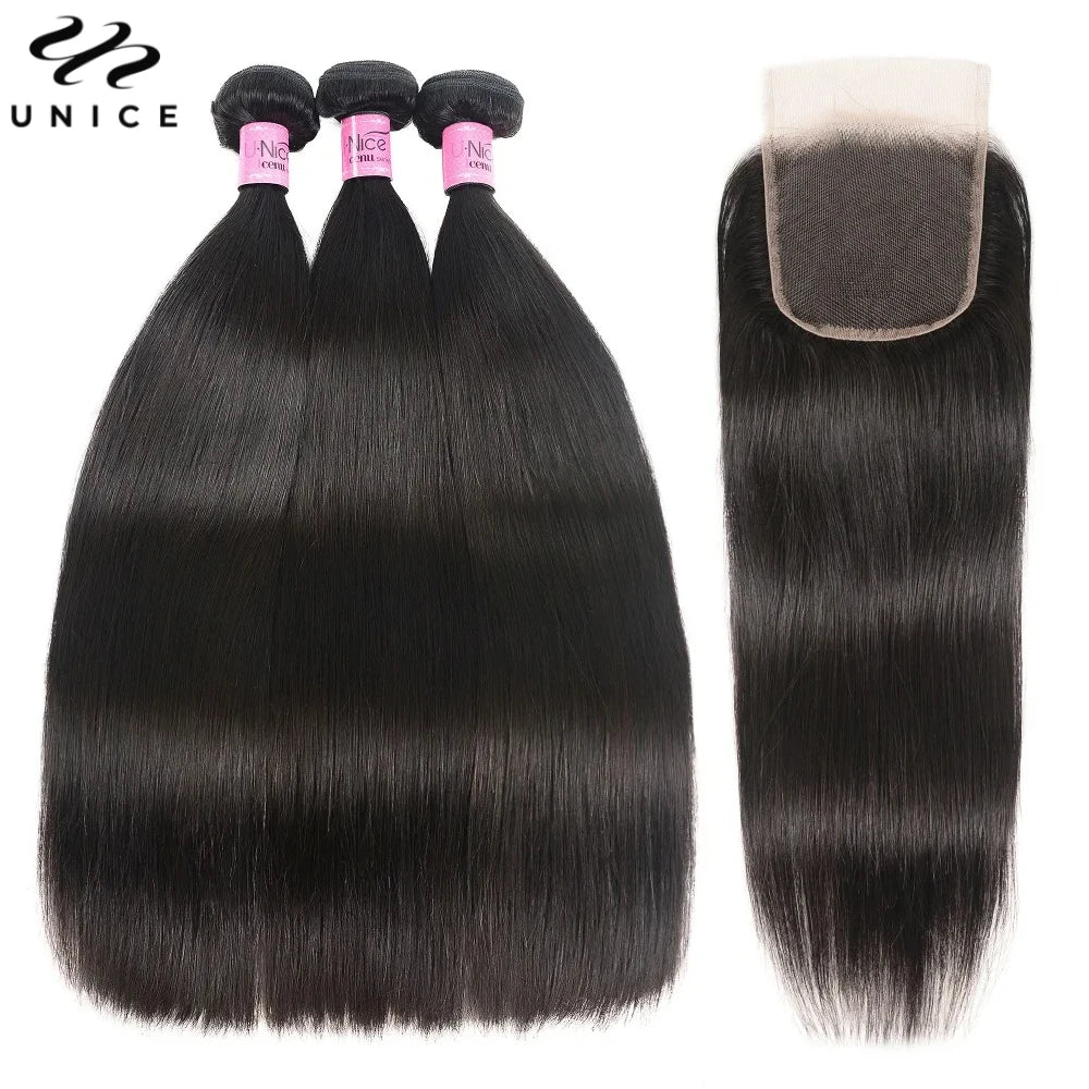 Unice Hair Straight Human Hair Bundles With Closure Natural Color 100% Human Hair 4x4 Lace Closure With 3/4 PCS Deals