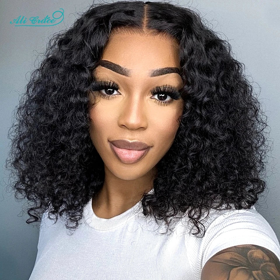 Ali Grace Hair Bob Wig Kinky Curly Hair Transparent 13x4 Lace Front Wig Pre-plucked Short Bob Wigs Deep Curly Remy Human Hair