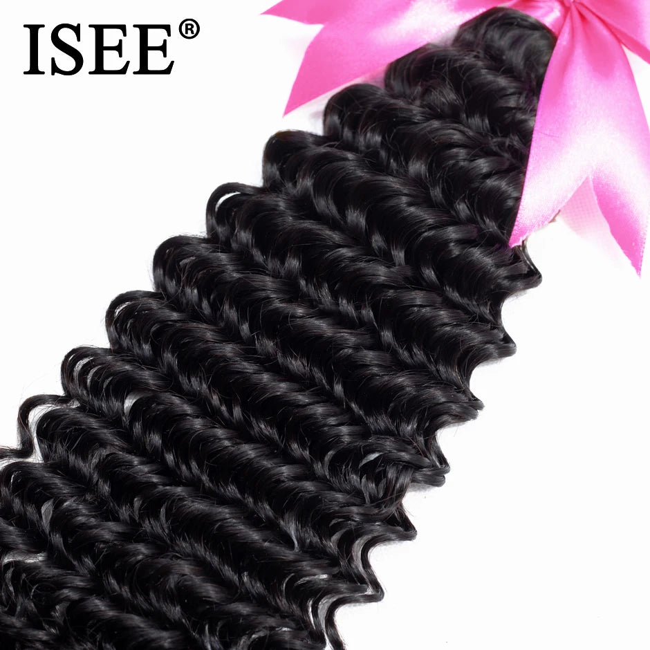 ISEE HAIR Mongolian Deep Curly Hair Extensions Human Hair Bundles Nature Color 1/3/4 Bundles Hair Weave Deep Wave