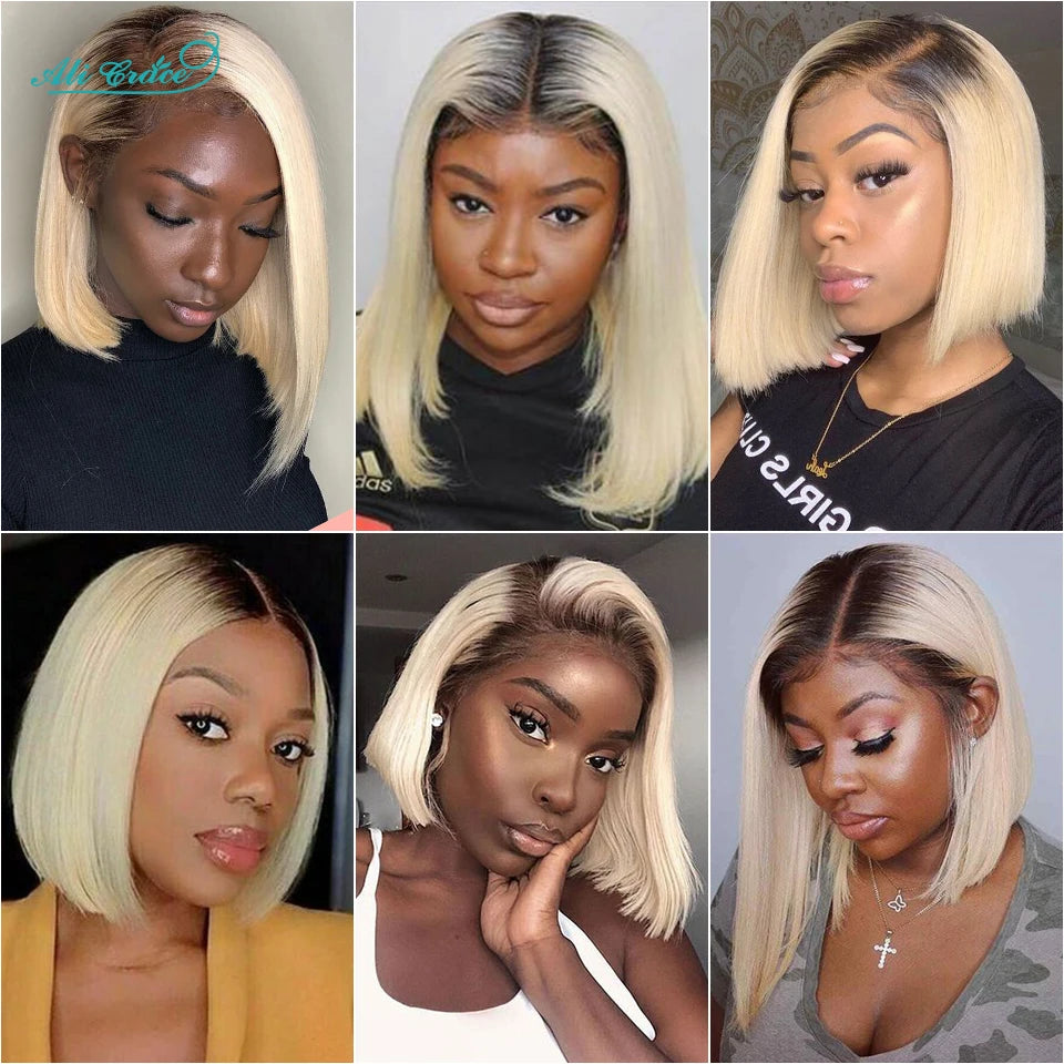 Ali Grace Bob Wigs Human Hair T1B/613 Ombre Straight Hair Short Bob 13X4 Lace Front Wigs For Women Pre-Plucked Hairline Bob Wigs