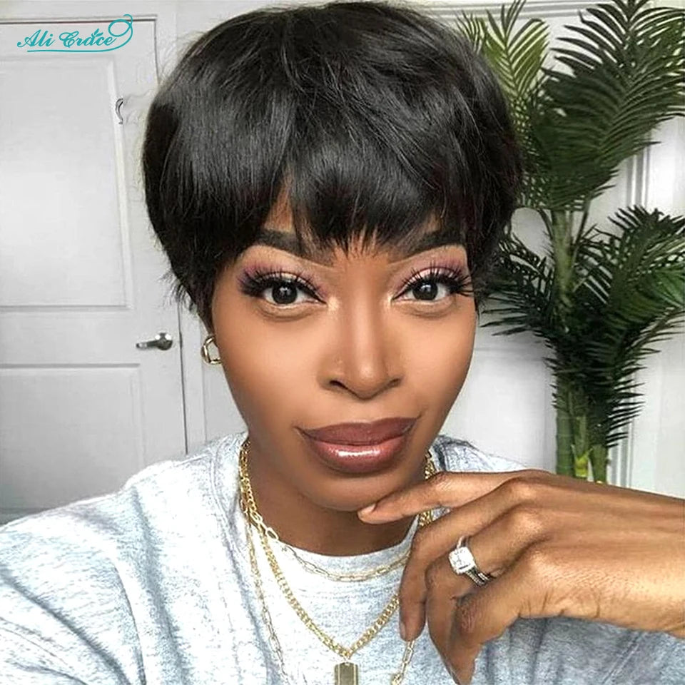 Short Bob Pixie Cut Wigs For Black Women Straight Human Hair Machine Made Wigs With Bangs Brazilian Remy Hair Wig Ready To Go
