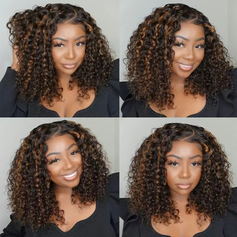 6x5 Glueless Lace Wigs Human Hair Wigs Ready To Wear And Go Short Kinky Curly Ombre Brown Highlights Brown Colored Human Wigs