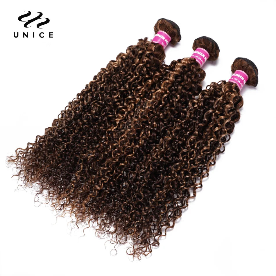 UNICE Hair TL412 Blonde Highlight Curly Hair Bundles 1/3/4 PCS Deal Pre Colored Human Hair Bundles Sew In Weaves Extentions