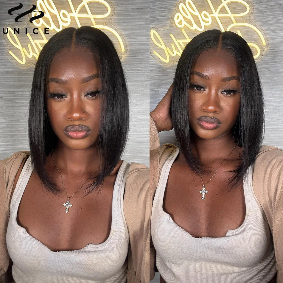 UNice Bye-Bye Knots 7x5 Lace Brown Piano Highlights Straight Bob Wig With Dark Roots Glueless Bob Wigs Human Hair Ready To Wear