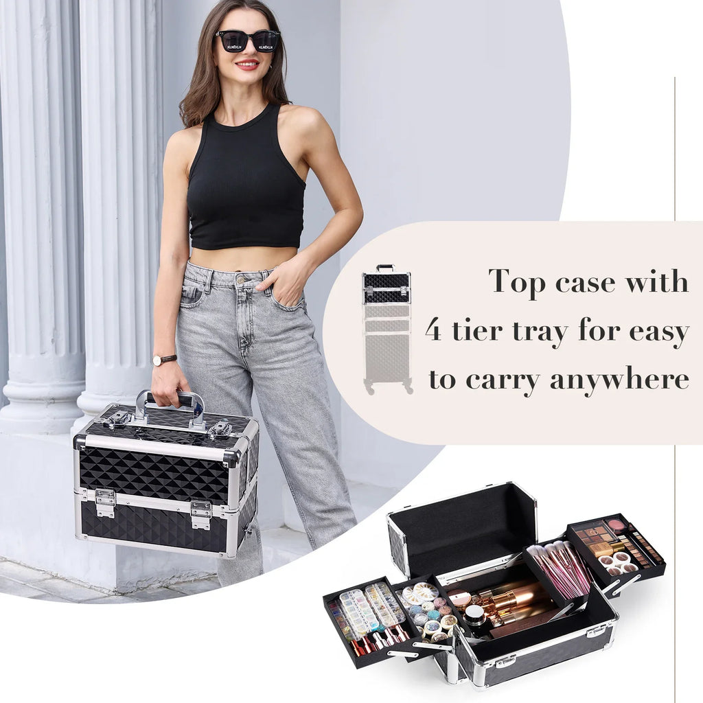 Makeup Trolley Case Detachable 4 in 1 Alloy Train Briefcase for Nail Manicure on Wheels Lock Salon Large Capacity Storage Case