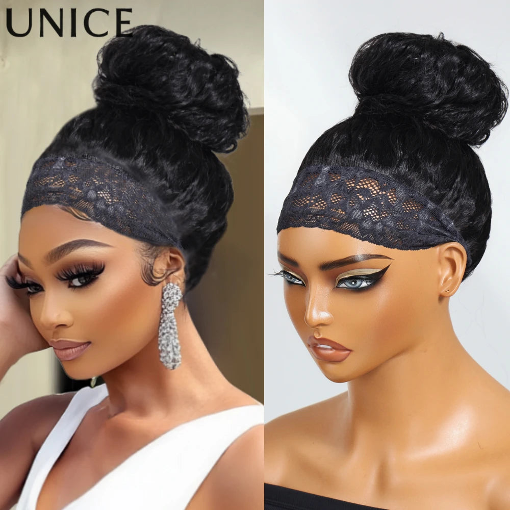 Unice Hair Upgrade Drawstring Mesh Lace Water Wave Headband Wigs Human Hair No Glue No Lace Fit For All Head Sizes