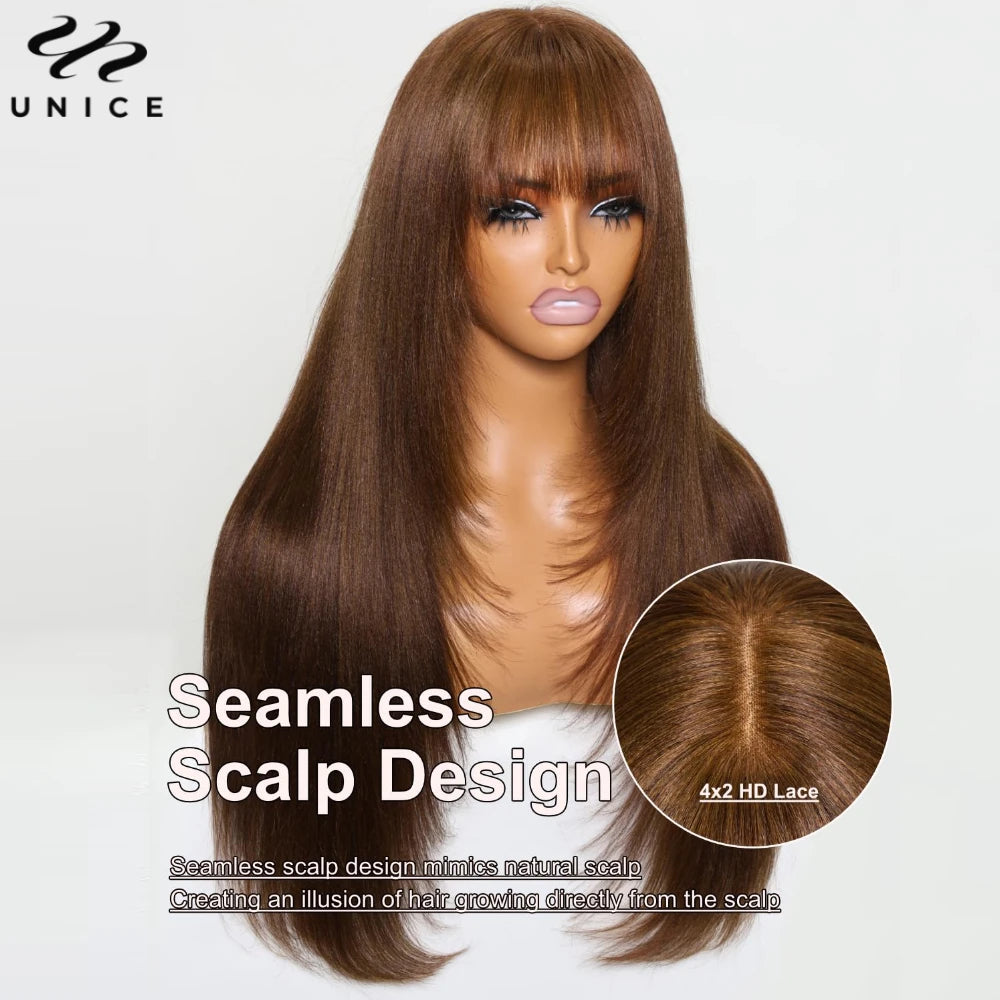 Unice Hair Yaki Straight #4 Brown Human Hair Wig With Bangs Layered Cut Middle Part 4x2 Lace Front Human Hair Wig 150% Density
