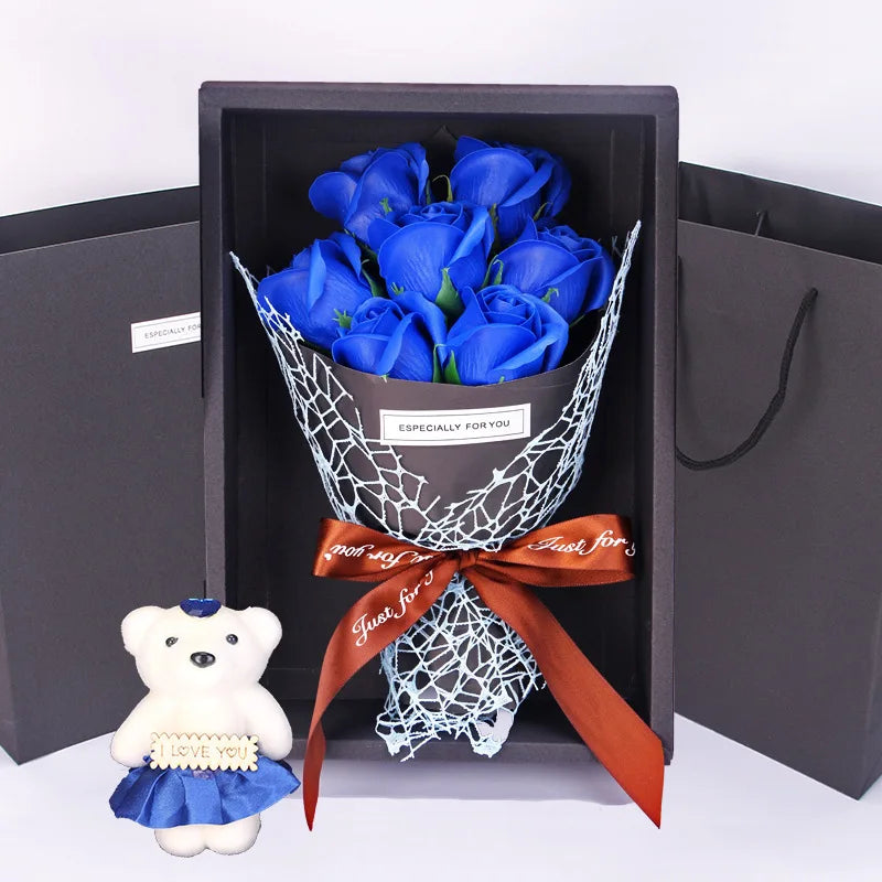 7 Heads Artificial Rose Bouquet Little Bear Gift Box Handmade False Flower Bouquet Mother's Day Birthday Party Gifts Home Decor