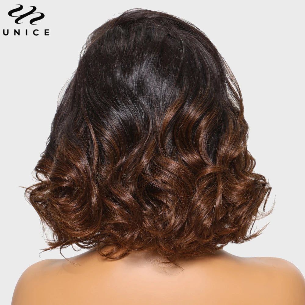 UNice Hair Chestnut Brown Ombre Bob Wigs Pre Everything 13x4 Human Hair Lace Frontal Wigs Wavy Bob Wigs 12Inch 150% Density