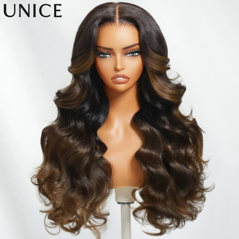 UNice Bye-Bye Knots 7x5 Lace Black To Chestnut Brown Ombre Yaki Straight Human Hair Wig With Invisi Drawstring & Loose Wave Wig