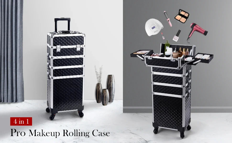 Makeup Trolley Case Detachable 4 in 1 Alloy Train Briefcase for Nail Manicure on Wheels Lock Salon Large Capacity Storage Case
