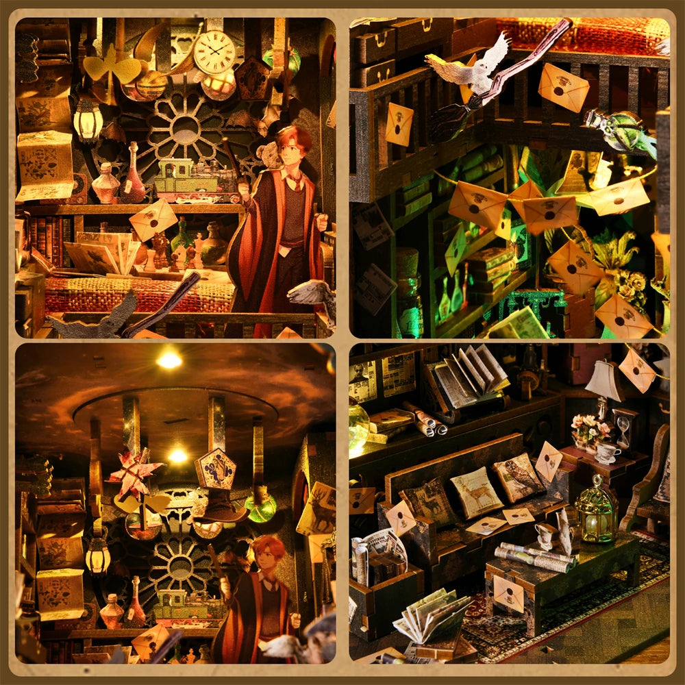 Book Nook Kit Magic House DIY Wooden Puzzle Bookshelf Insert Decor Dollhouse Model Bookend Building Home Decoration Gifts