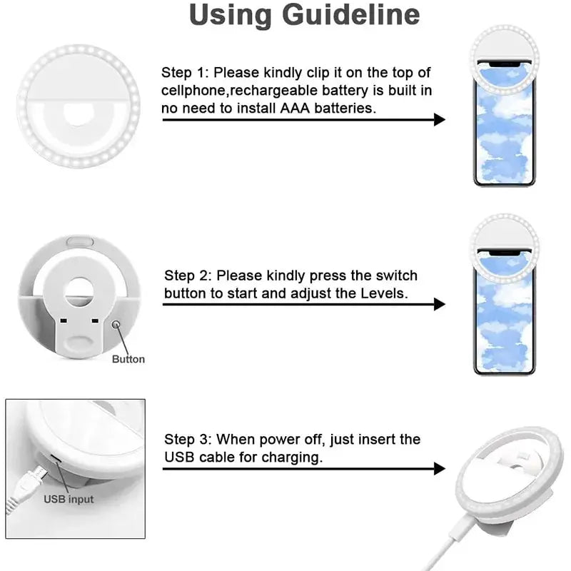 USB Rechargeable LED Selfie Ring Light with Phone Clip Photo Lamps Video Light Photography Ringlight for iPhone Samsung Xiaomi