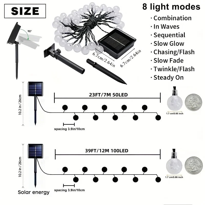 Solar Outdoor Crystal Ball Light String,100/200LEDs 8 Modes Waterproof Solar Fairy Lamp for Garden Courtyard Party Decoration