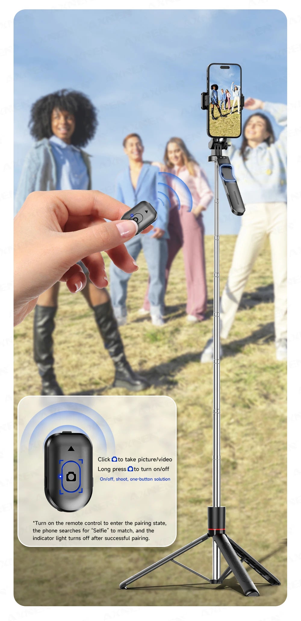 AXNEN New 1.7M Wireless Selfie Stick Tripod Foldable Stand For Gopro Action Camera Smartphones Balance Steady Shooting Live Vlog