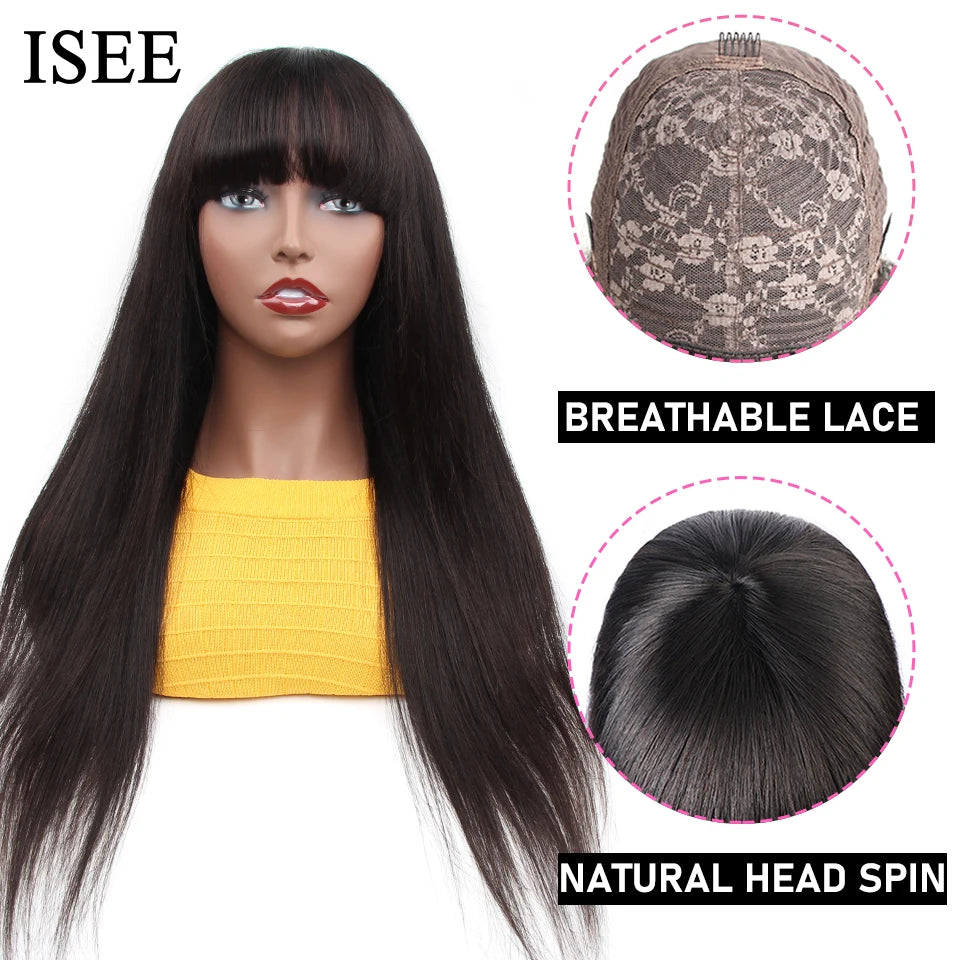 ISEEHAIR Machine Made Sew In Wig Human Hair Straight Wig  Malaysian Straight Wig with Bang Natural Color For Women Wigs No Glue