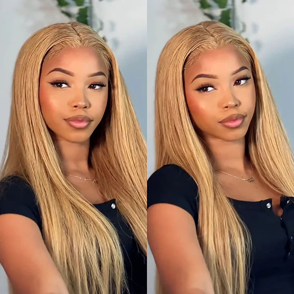 13x6 27# Honey Blonde Colored Human Hair Frontal Wigs Straight 180% 13x6 HD Transparent Lace Front Human Hair Wigs For Women