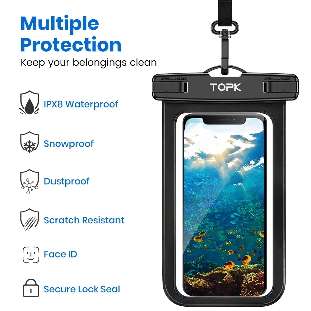 TOPK Waterproof Phone Pouch Case[2 Pack]IPX8 Waterproof Phone Case for Swimming Dry Bag with Clip Strap for iPhone 15 Up to 7”