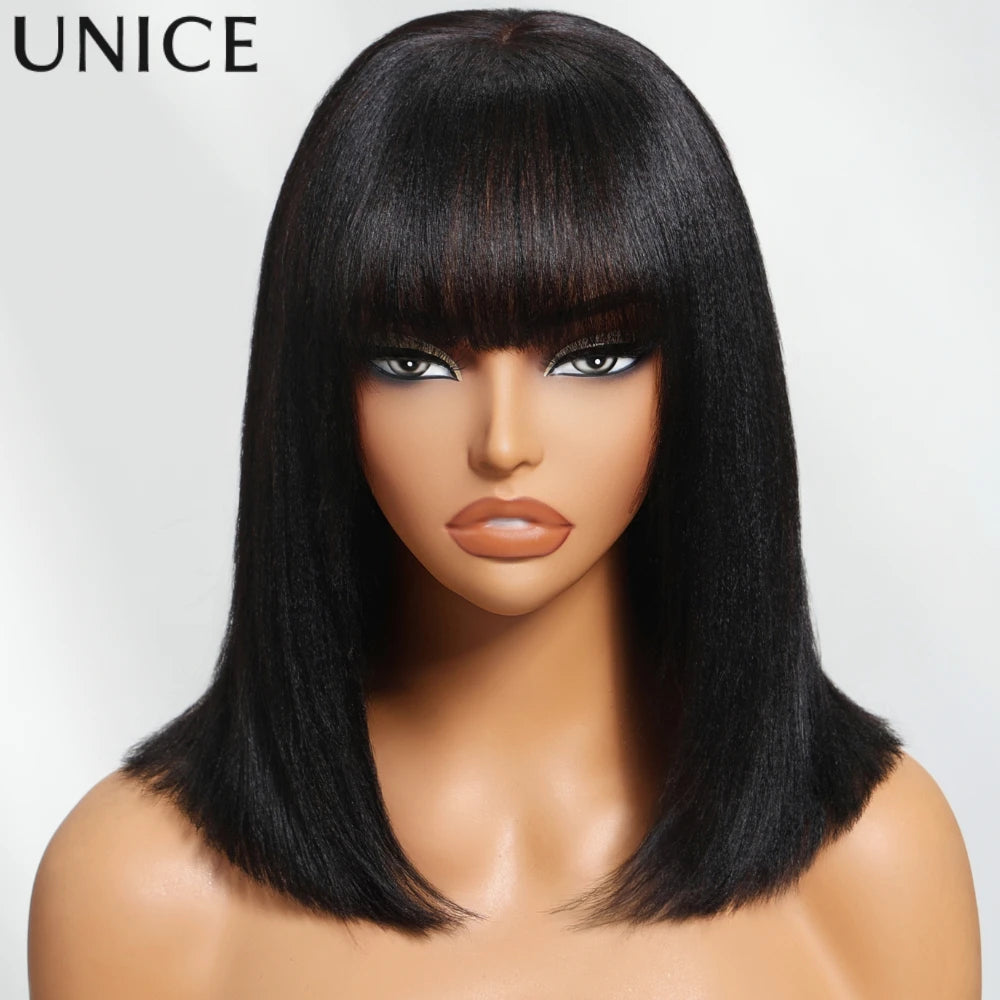 Unice Hair Yaki Straight Bob Wig With Bangs Real Scalp Middle Part 4x2 Lace Glueless Wig Human Hair Ready To Wear 150% Density
