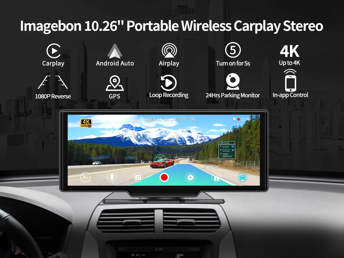 Imagebon H13 Pro 4K Camera ADAS Dash Cam 5s Power On 24h Parking Monitor Wireless Carplay & Android Auto GPS Navigation Car DVR