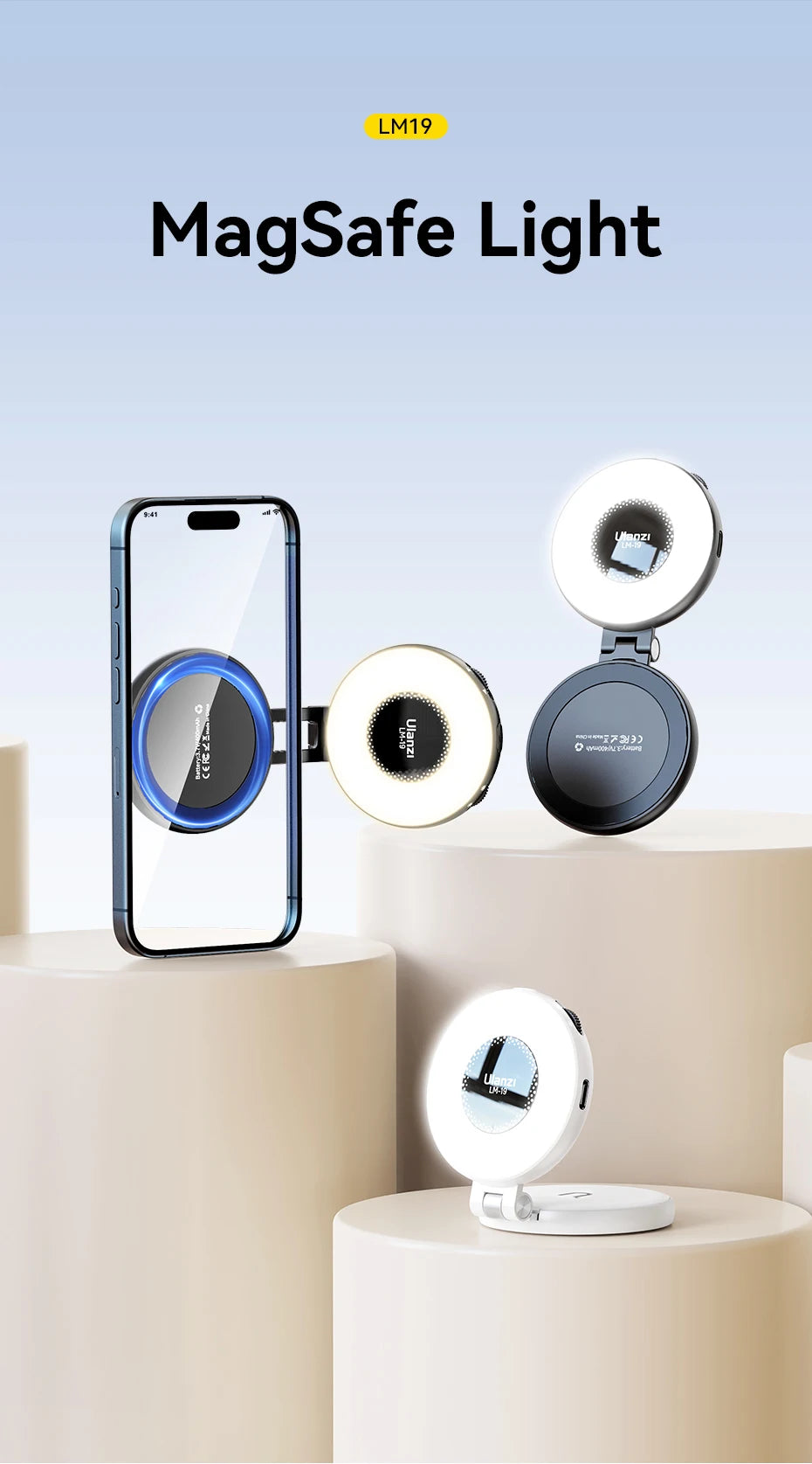 Ulanzi LM19 MagSafe Light Portable Selfie Light for iPhone 17 16 15 14 13 12 Pro Max Fill Light Phone Stand Selfie Video Vlog