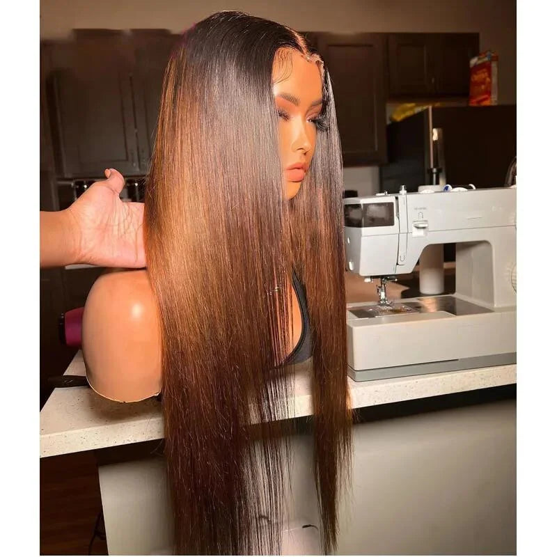 Premium Ombre Brown Lace Front Wig 26 Inch - Glueless Pre-Plucked Straight Human Hair Wig with Baby Hair
