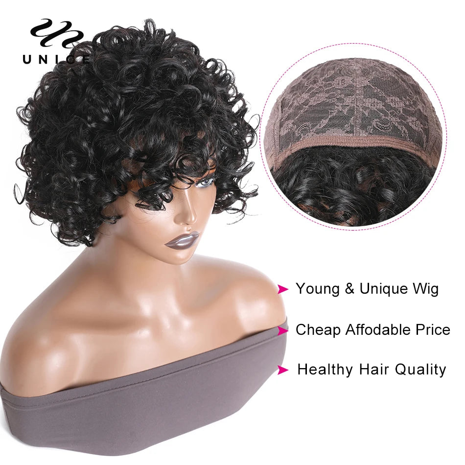 Unice Hair Curly Human Hair Wigs Pixie Cut Bob Wig 10 Inch Full Machine Made Short Human Hair Wigs