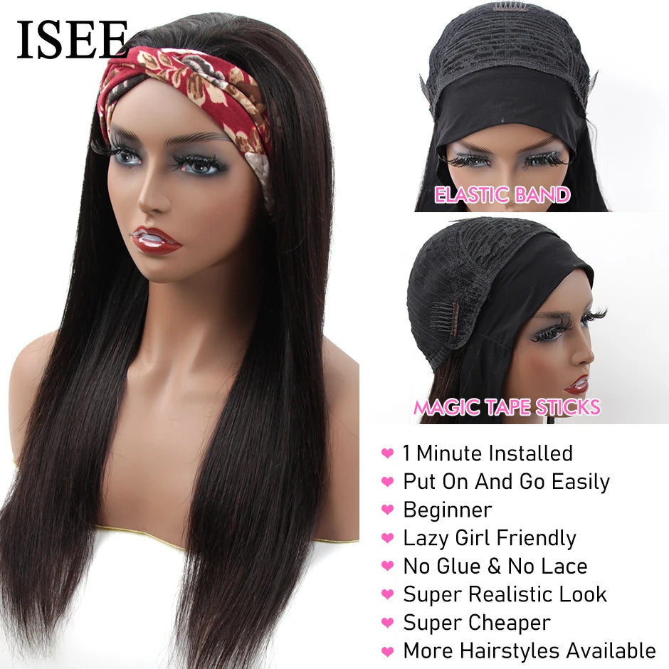 Straight Women's Headband Wig Malaysian Human Hair Wig Straight No Lace Scarf  Wigs NO Glue Natural ISEE HAIR Wig For Female